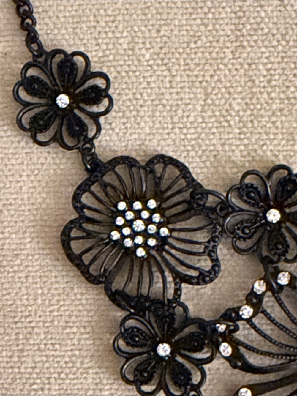 Black Floral Statement Necklace with Crystal Accents - Picture 6 of 7